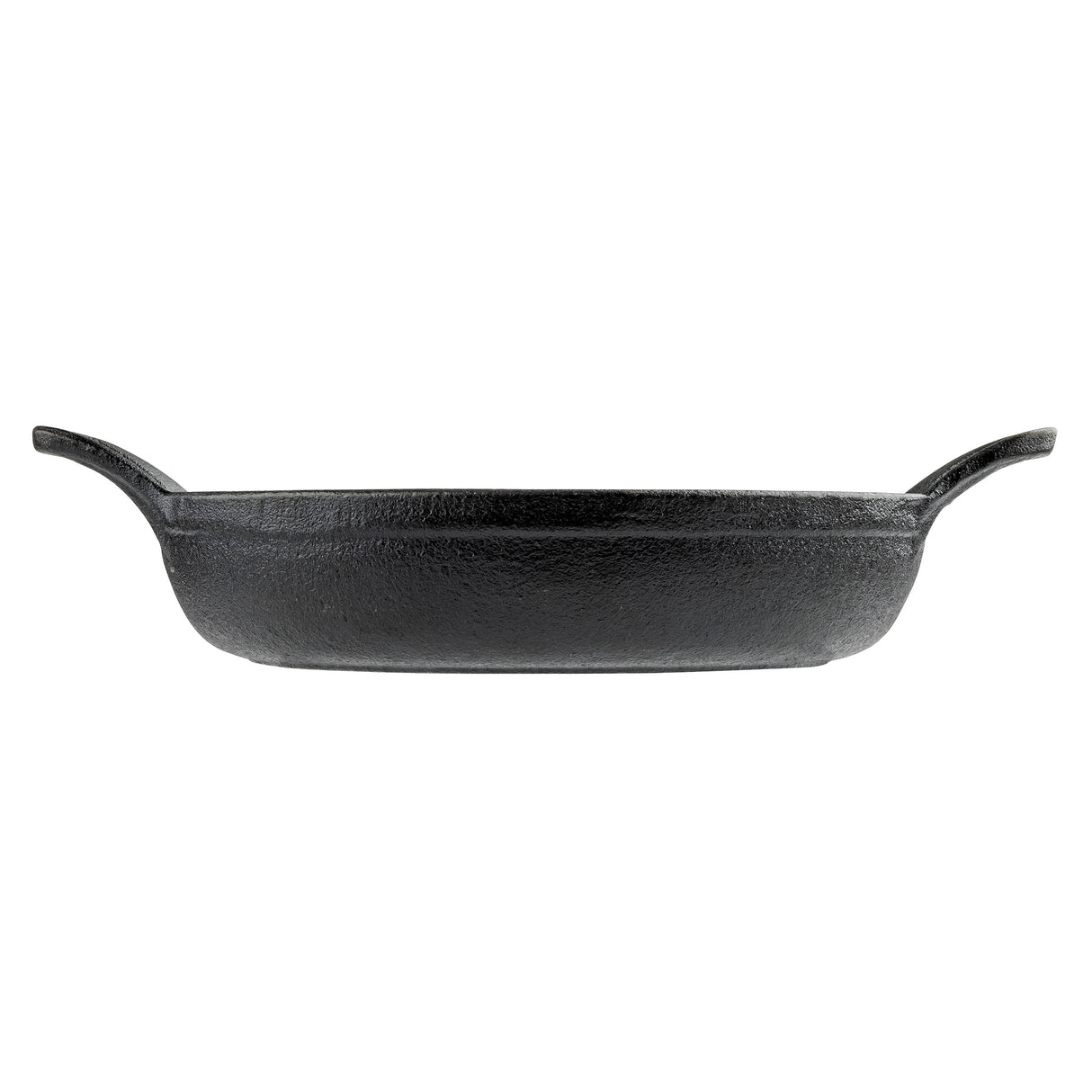 A black TableCraft cast iron baking dish with a textured surface, oval shape, and two curved handles on opposite sides, viewed from the side against a white background; ideal as a mini server for individual portions.