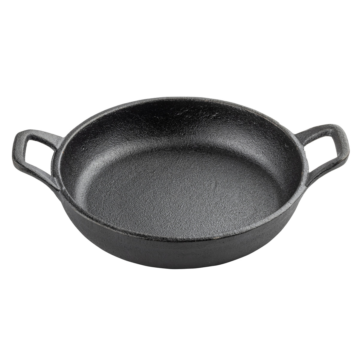 A round, black cast iron pan with two handles on opposite sides. This TableCraft mini server features a textured surface and slightly sloped sides, sitting on a white background. The short, rectangular handles allow for easy gripping.