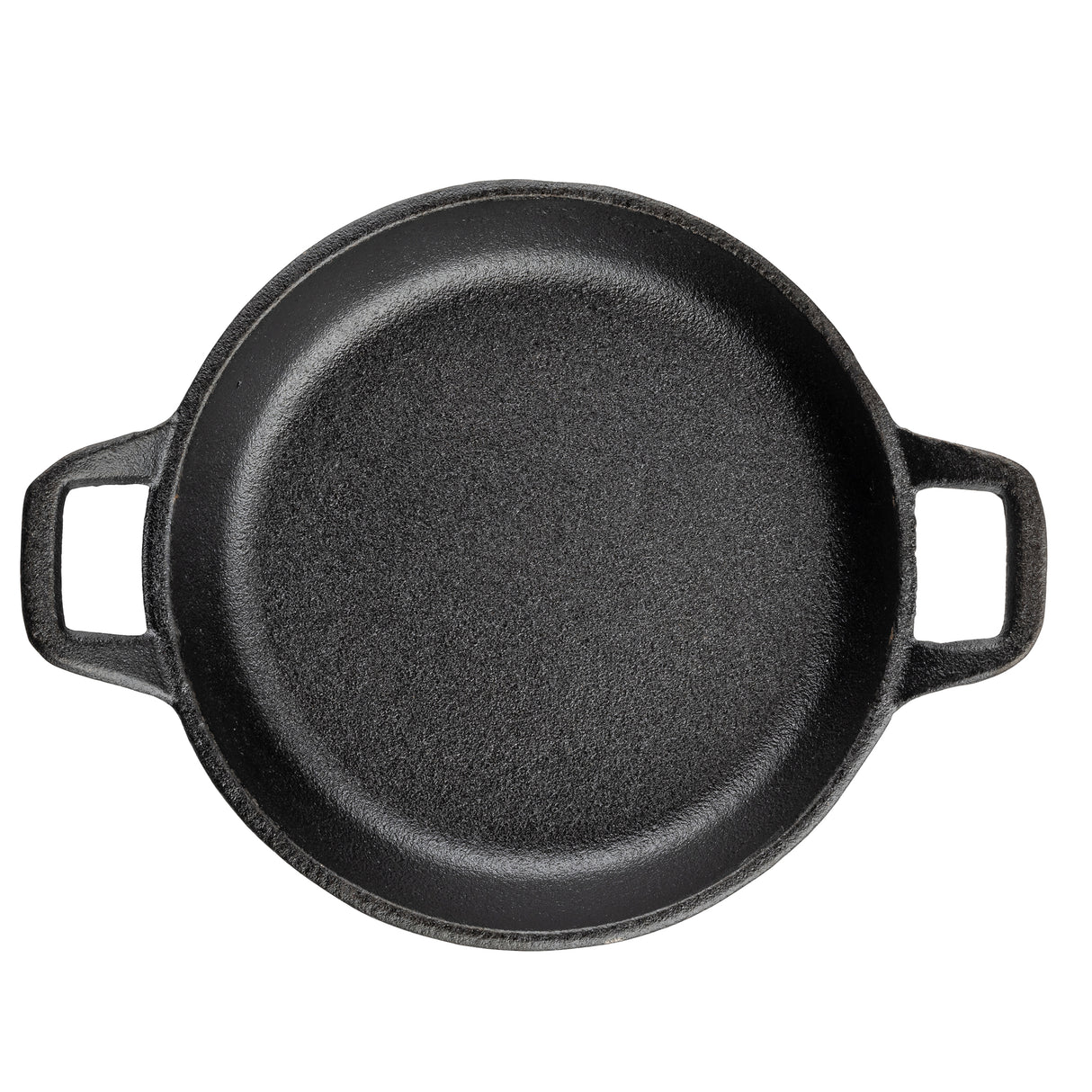 A round, black TableCraft cast iron skillet with a handle on each side is shown from above against a white background. The mini server features a rough, textured surface and no visible markings or food inside.