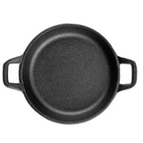 A round, black TableCraft cast iron skillet with a handle on each side is shown from above against a white background. The mini server features a rough, textured surface and no visible markings or food inside.