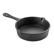 A black cast iron mini skillet by TableCraft, featuring a short handle with a hanging hole, round shape, dual pouring spouts, and a textured surface for a sturdy, rustic look. The background is plain white.