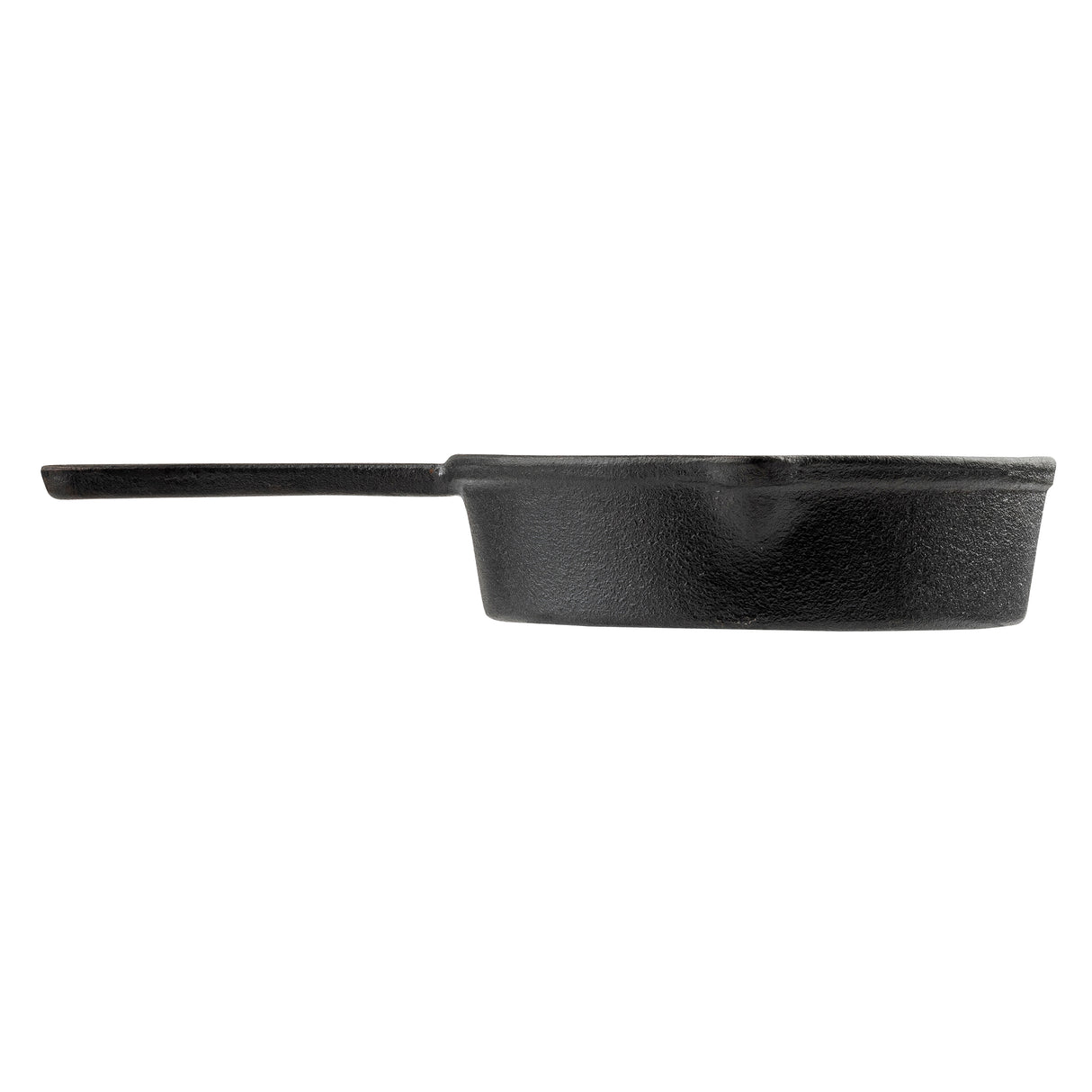 A black cast iron saucepan by TableCraft is shown in profile on a white background. It features a long, straight handle and slightly textured exterior. The deep pan includes a small pouring spout on the side.
