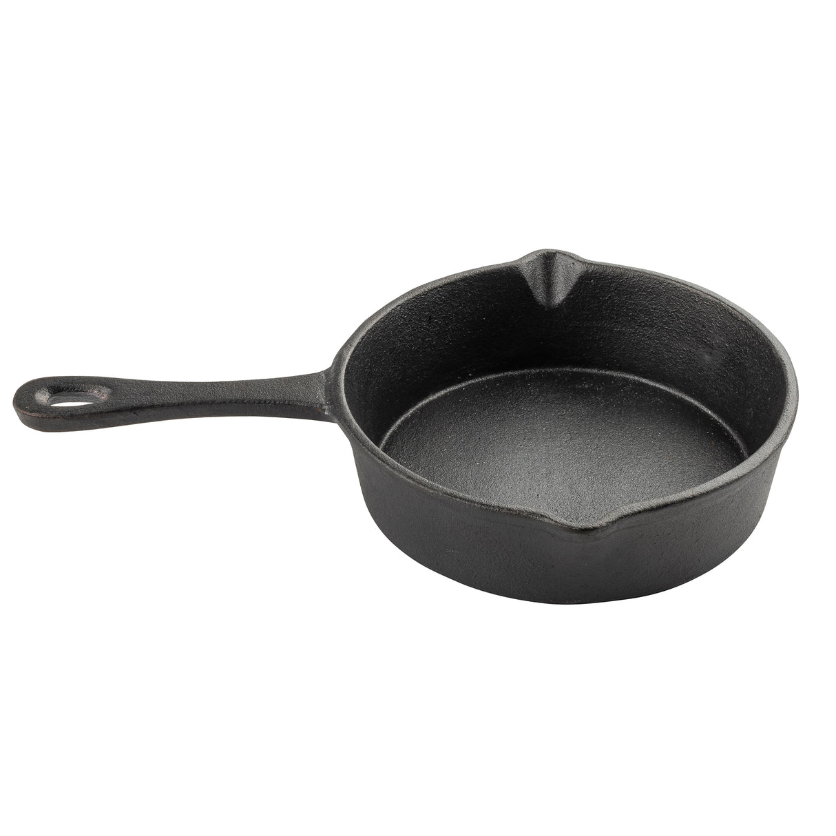A small, round TableCraft cast iron mini skillet with a long handle and a hole at the end. It features two pouring spouts on opposite sides, and the smooth, seasoned interior is set against a plain white background.
