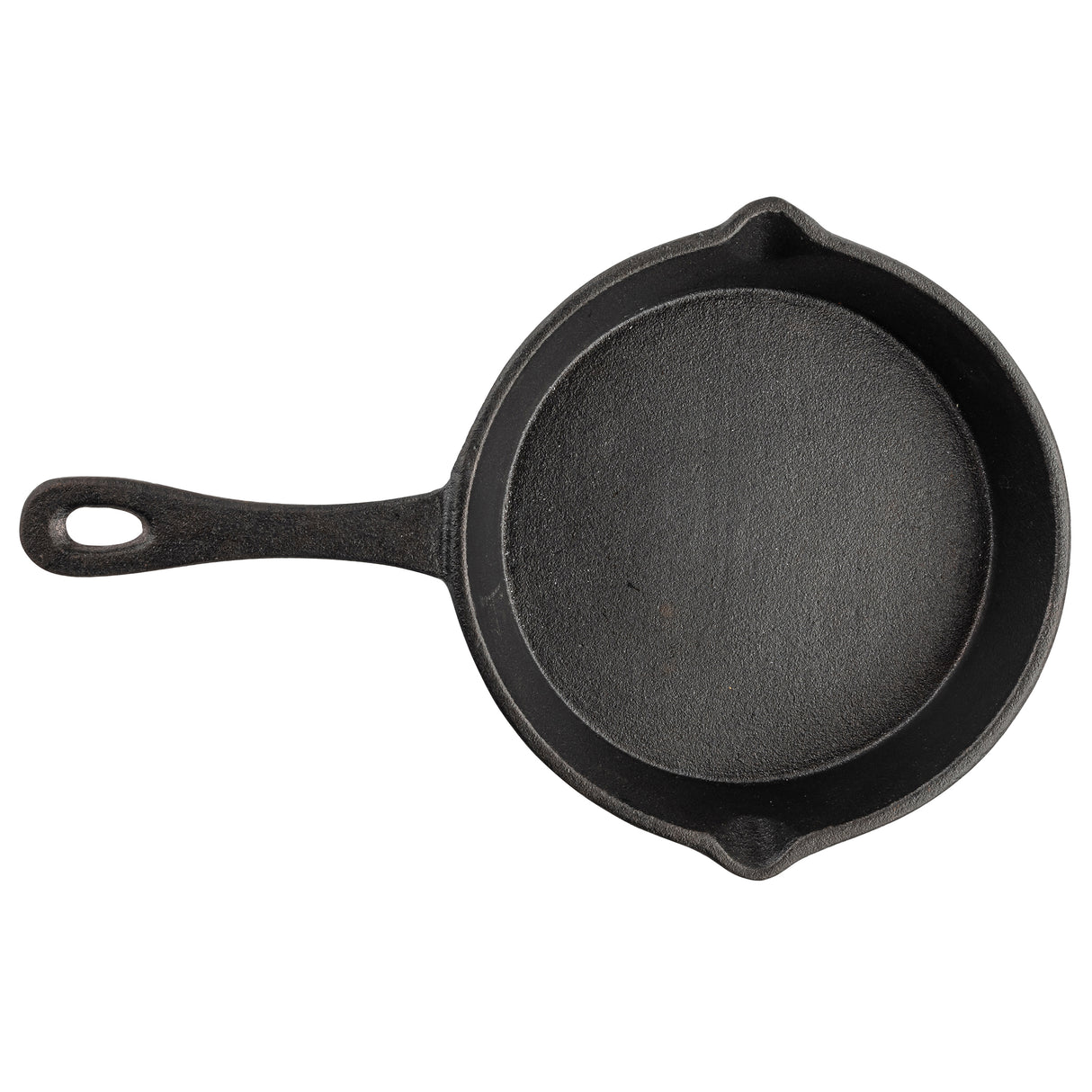 A round, black TableCraft cast iron skillet with a long handle and two small pouring spouts, photographed from above on a white background. The mini skillet has a slightly textured surface and a hole at the end of the handle for hanging.