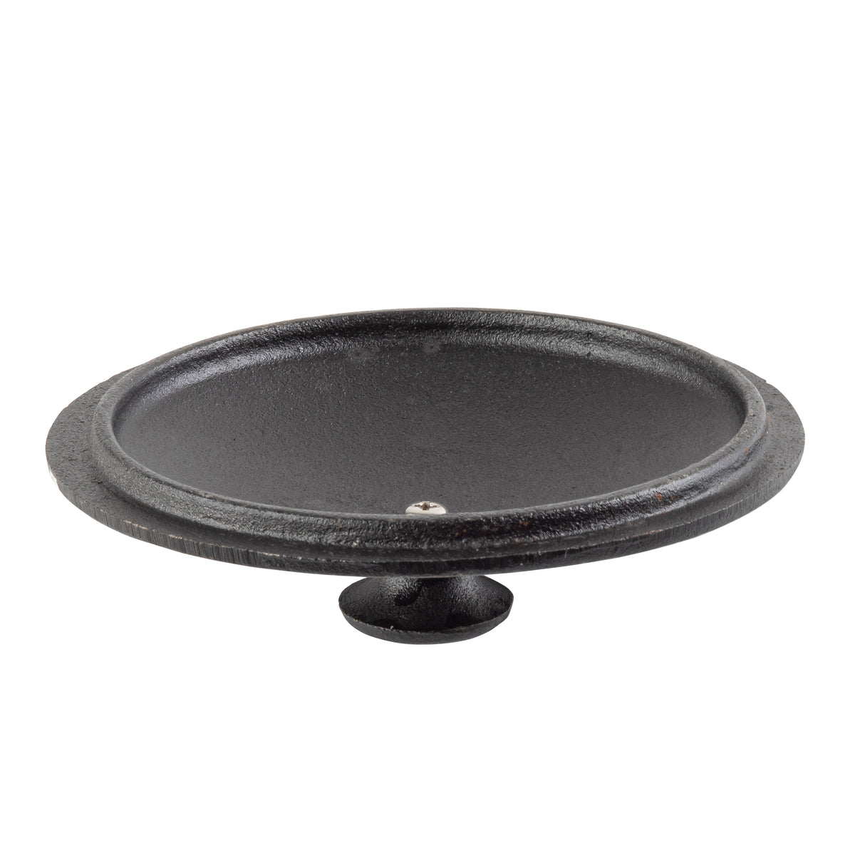 A shallow, round, black cast iron bird bath with a slightly raised rim and smooth surface sits on a short, circular pedestal base. Styled like a mini casserole lid, it resembles classic TableCraft pieces against a white background.