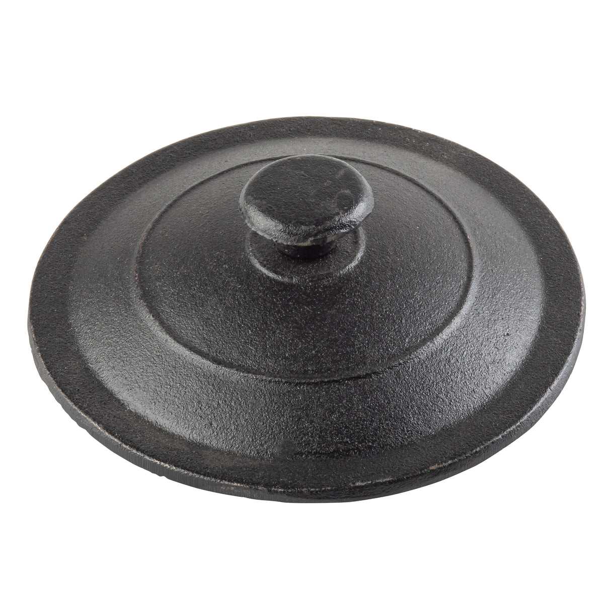 A round, black cast iron mini casserole lid by TableCraft with a central knob handle. The lid features a slightly raised, concentric circular design and textured surface, giving it a rugged, matte appearance. Photographed on a white background.