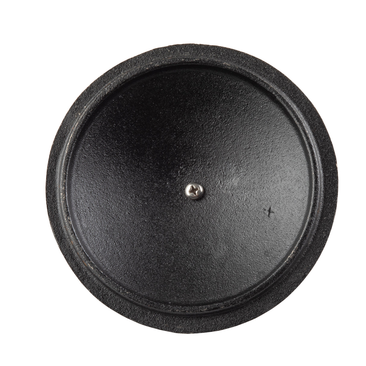 A round, black, textured cast iron plate viewed from above with a single screw in the center. The plate resembles a TableCraft mini casserole lid with a slightly raised outer edge and matte finish, standing out clearly against the white background.