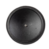 A round, black, textured cast iron plate viewed from above with a single screw in the center. The plate resembles a TableCraft mini casserole lid with a slightly raised outer edge and matte finish, standing out clearly against the white background.