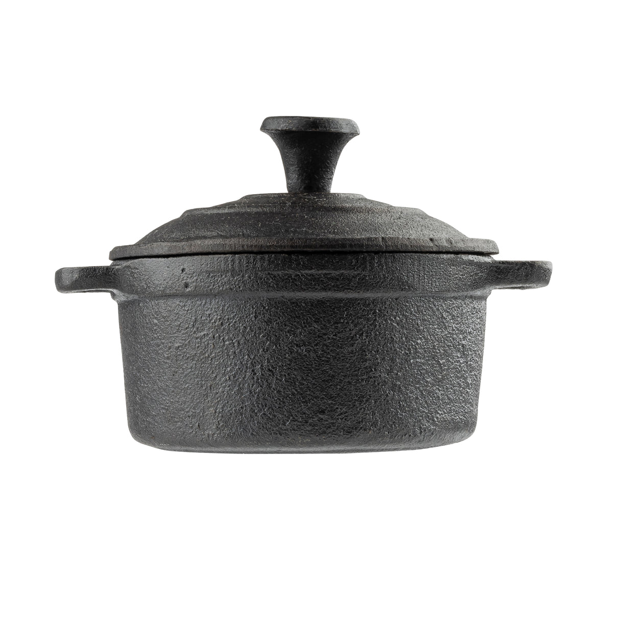 A black cast iron Dutch oven with a textured surface and matching lid, featuring short handles and a round knob on top, resembles a mini casserole dish by TableCraft, shown against a white background.
