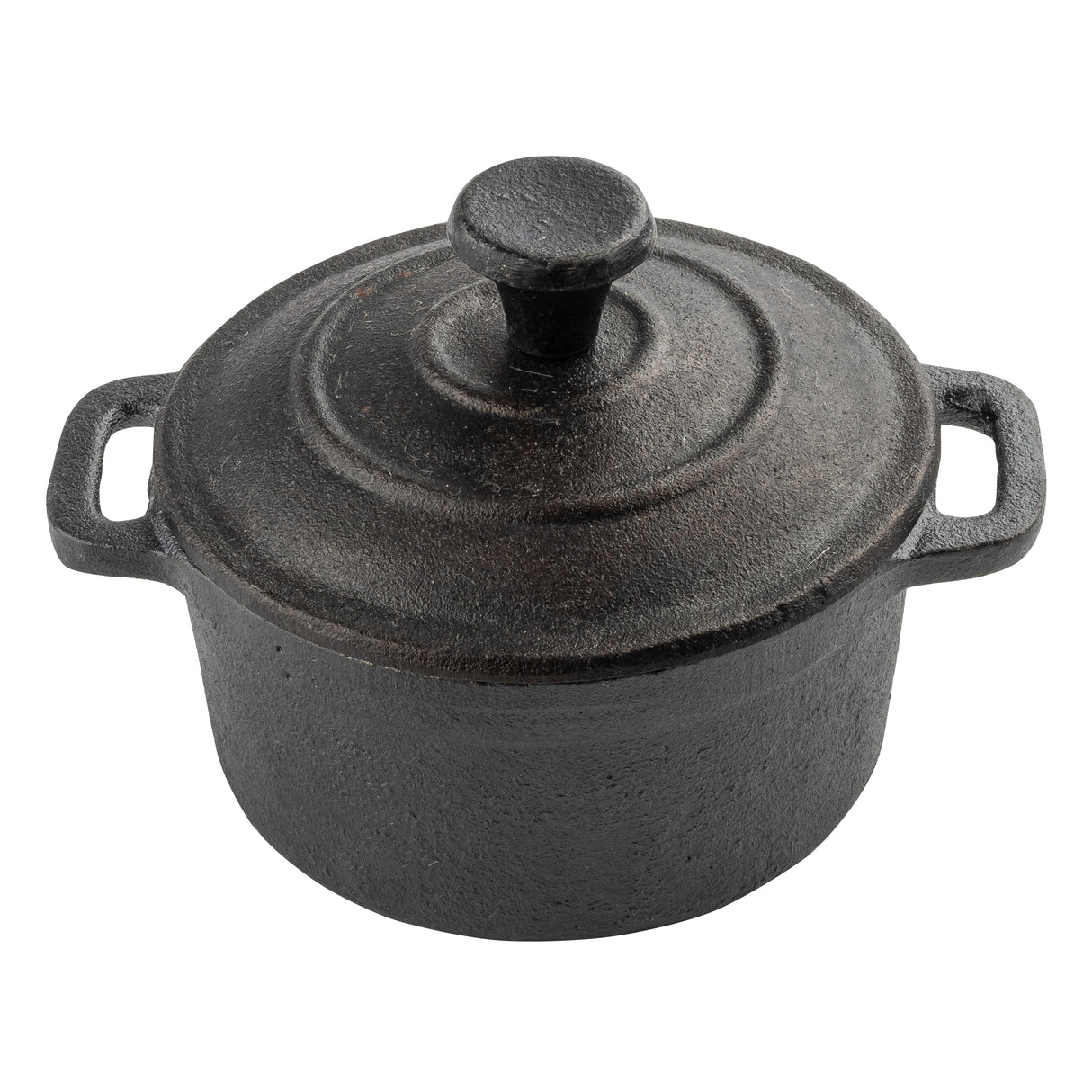 A round, black cast iron mini casserole dish with a matching lid and knob handle. The pot, made by TableCraft, has two side handles and a textured, slightly rough surface. The image is taken from above on a white background.