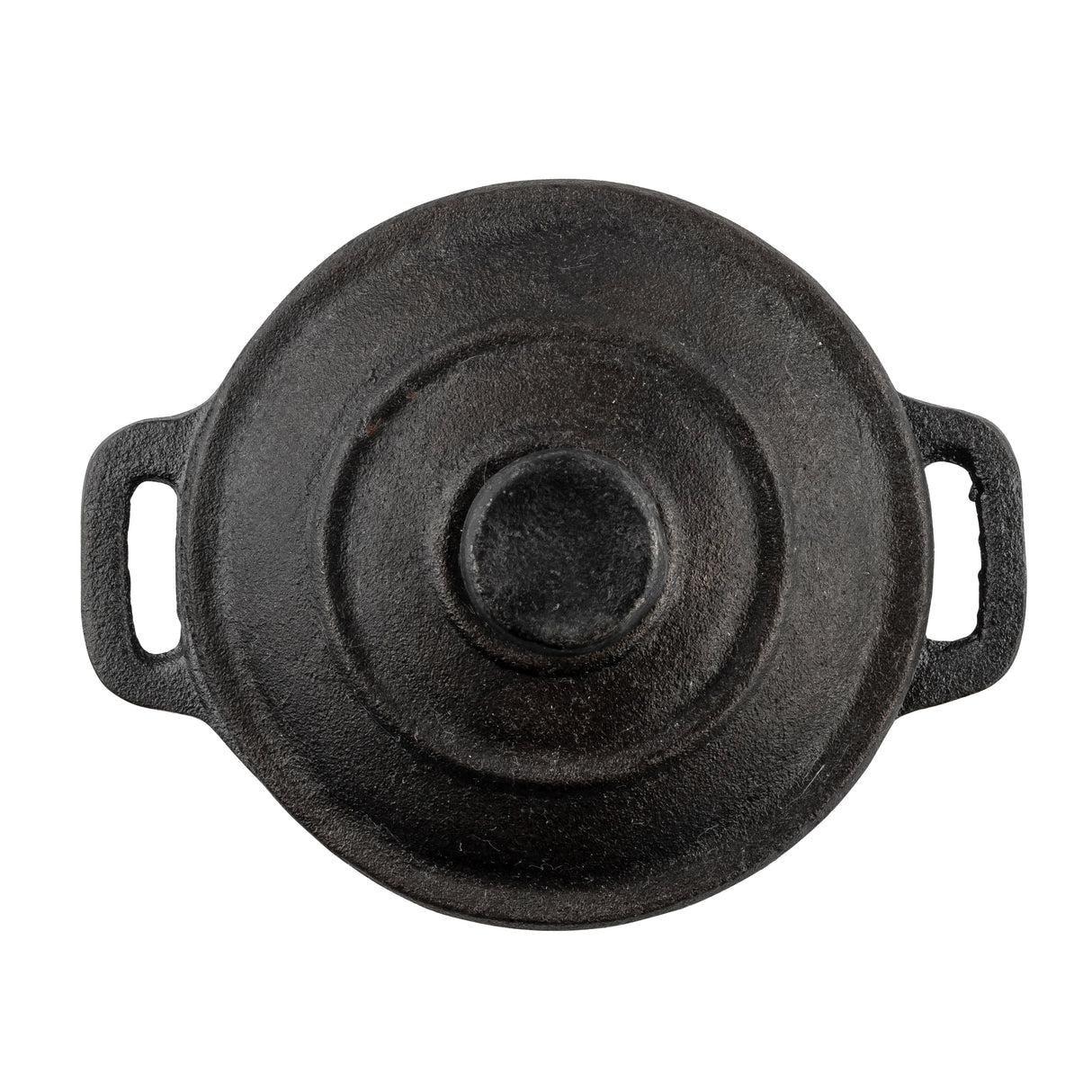 A round, black TableCraft cast iron mini casserole dish with a lid, seen from above on a white background. The pot features two rectangular handles and a raised circular knob, with a textured, slightly worn surface.