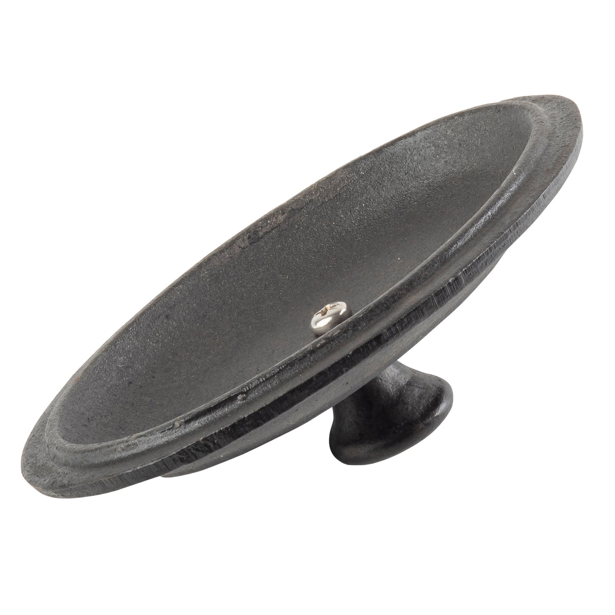 A black, circular TableCraft cast iron object with a flat, wide brim and a raised central knob on the bottom, resembling a mini casserole lid or vintage industrial wheel, photographed slightly tilted on a white background.