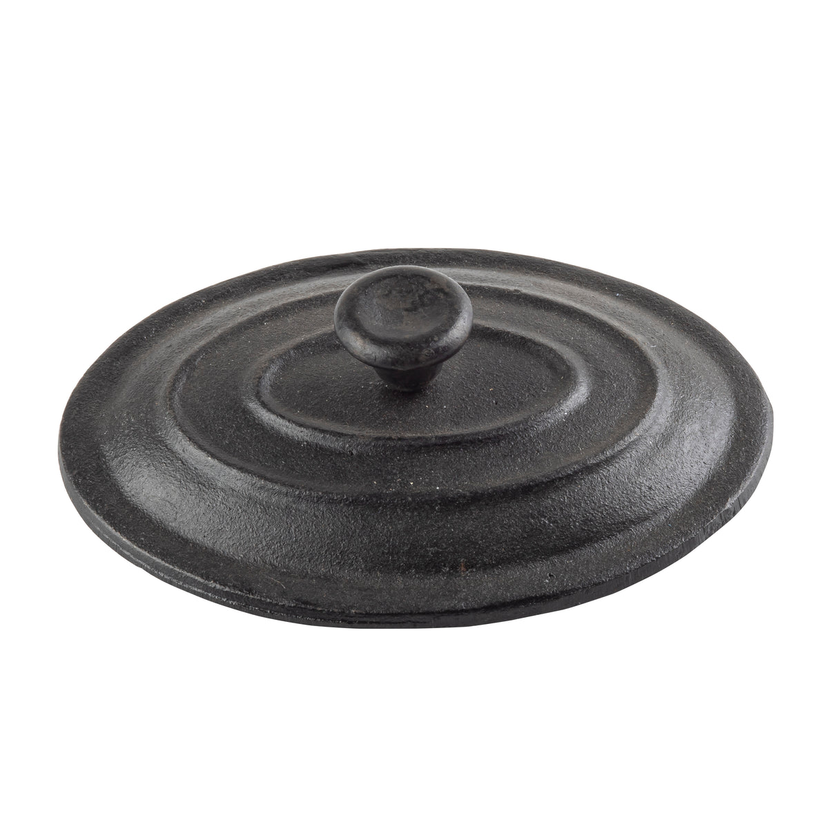 A round, black, cast iron Mini Casserole Lid from TableCraft features concentric raised rings and a central knob handle. Its matte, slightly textured surface highlights its sturdy, heavy-duty design for use with cast iron cookware.