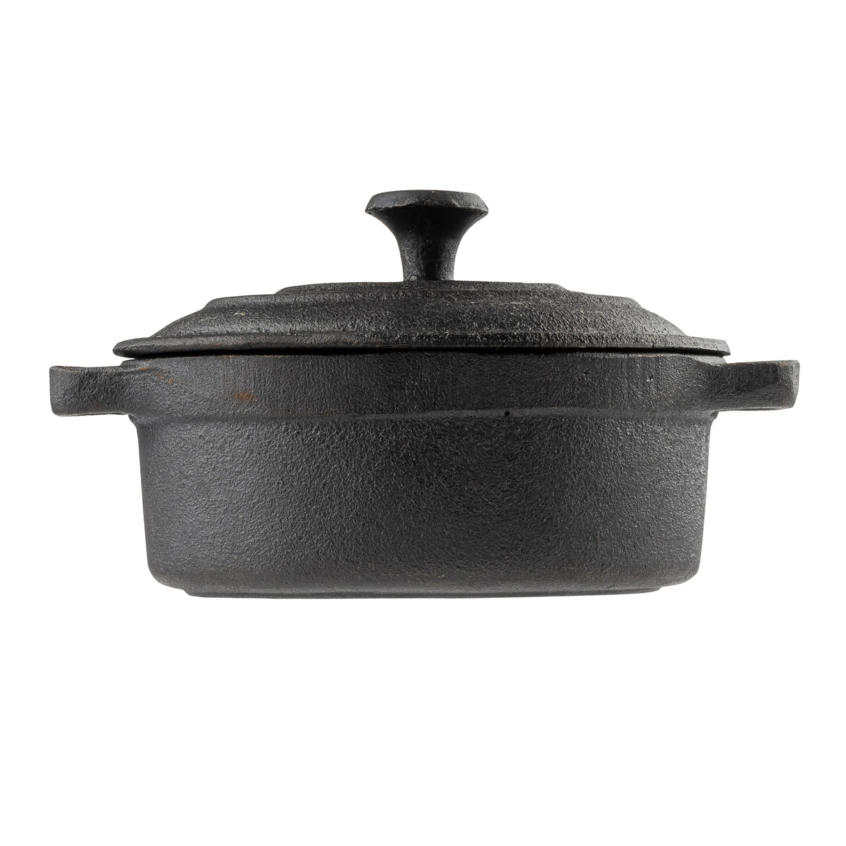 A black cast iron Dutch oven with a matching lid, shown from the side. The pot has sturdy handles, a rough textured surface, and a knob on the lid for easy lifting. This TableCraft mini casserole dish is set against a plain white background.