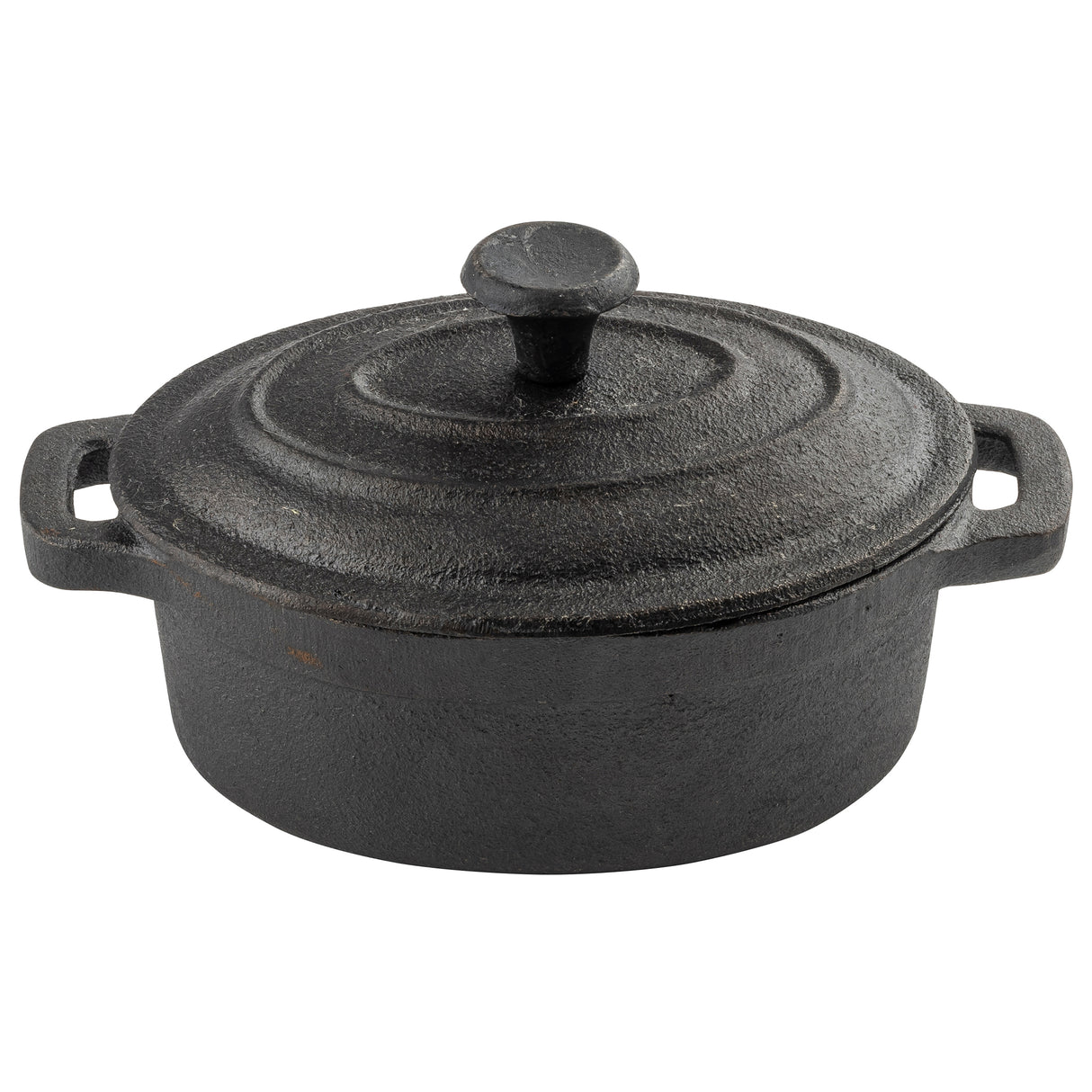 A round, black cast iron Dutch oven with side handles and a matching lid featuring a central knob and concentric ridges. This TableCraft piece has a textured, matte surface, characteristic of seasoned cast iron cookware.