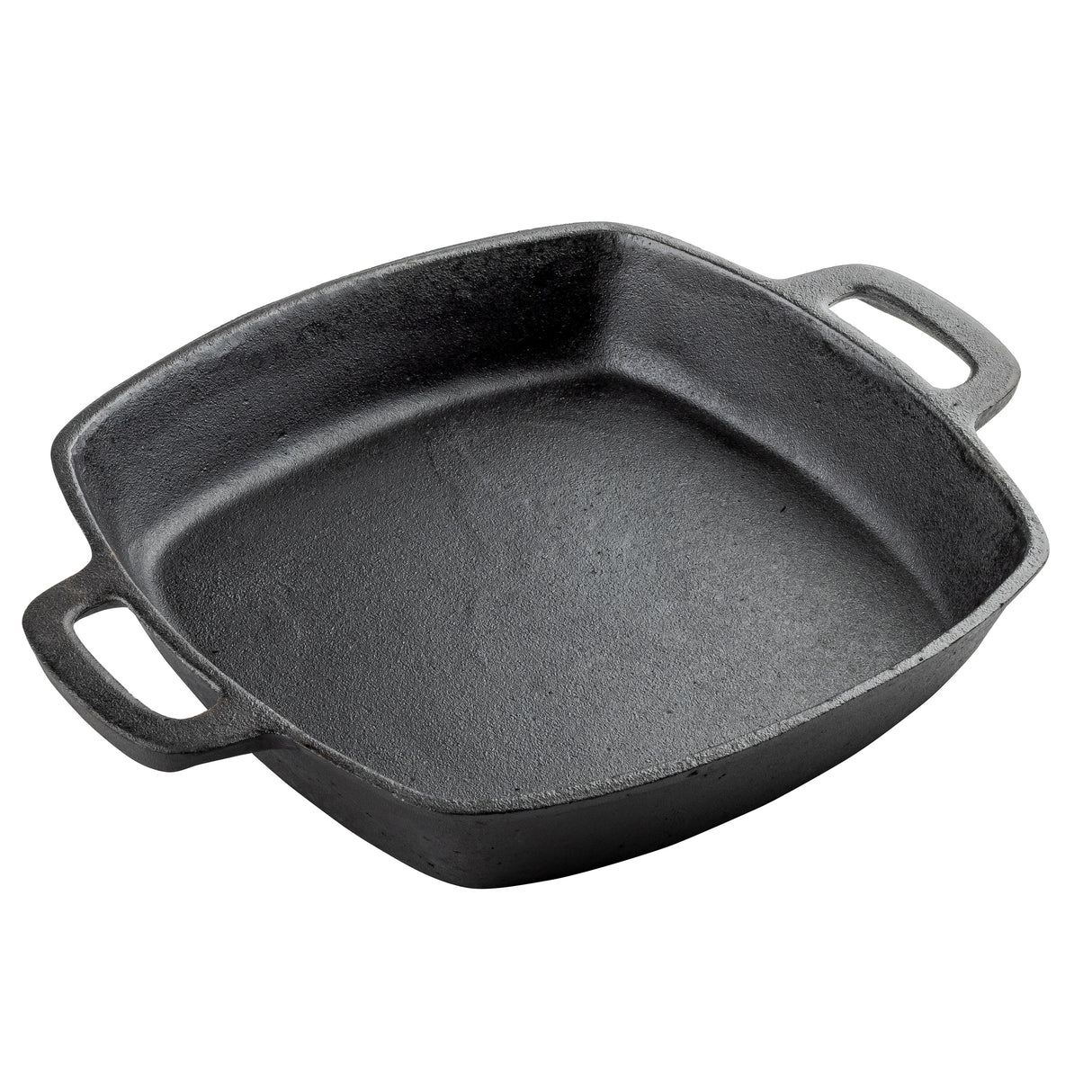 A square, deep, black cast iron pan with two wide handles on opposite sides. The interior is textured, and the induction ready fry pan sits on a white background, showing its heavy, durable construction and simple, functional design.