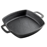 A square, deep, black cast iron pan with two wide handles on opposite sides. The interior is textured, and the induction ready fry pan sits on a white background, showing its heavy, durable construction and simple, functional design.