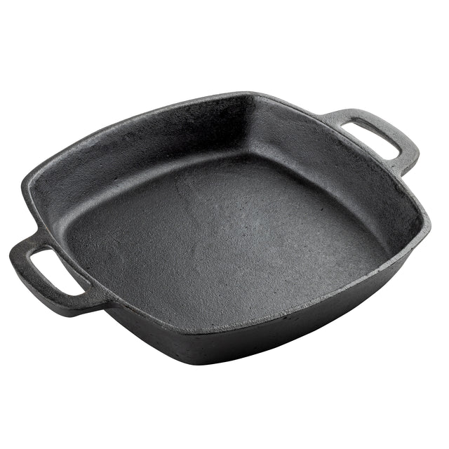 A square, deep, black cast iron pan with two wide handles on opposite sides. The interior is textured, and the induction ready fry pan sits on a white background, showing its heavy, durable construction and simple, functional design.