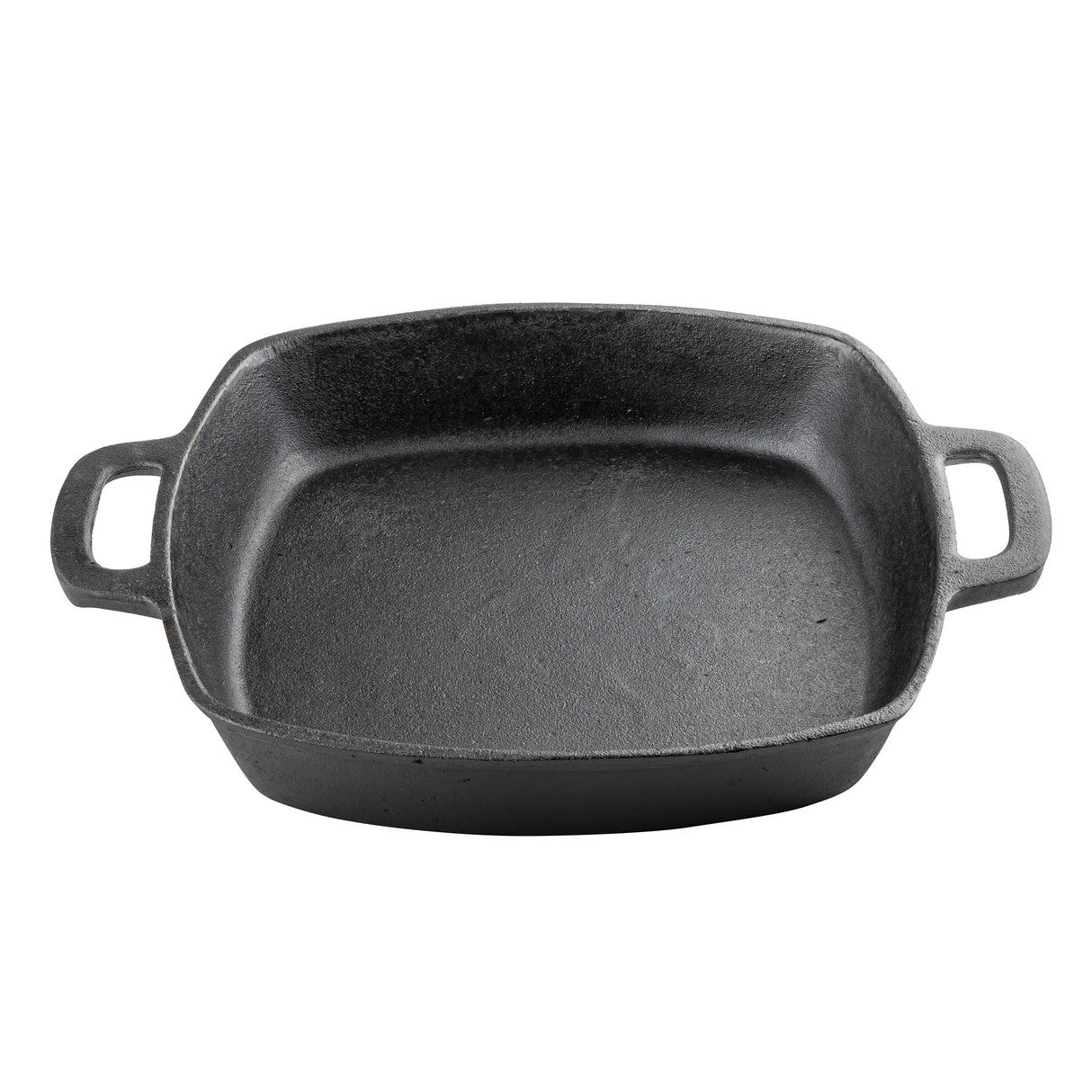 A square black cast iron baking dish with two wide handles on opposite sides. The induction ready dish has high, slightly rounded sides and a matte finish, shown empty on a white background.