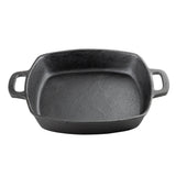 A square black cast iron baking dish with two wide handles on opposite sides. The induction ready dish has high, slightly rounded sides and a matte finish, shown empty on a white background.