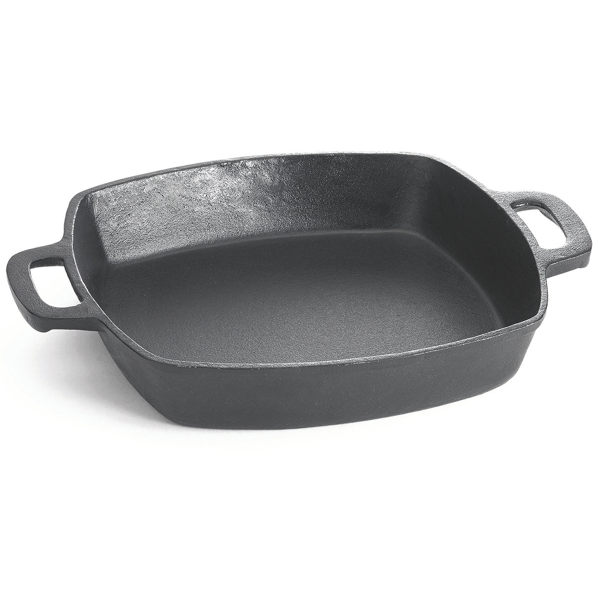 A rectangular black cast iron baking dish with two wide handles, featuring a matte, slightly textured finish. This sturdy pan is induction ready and perfect for oven use or serving hot dishes, offering versatility beyond a typical fry pan.