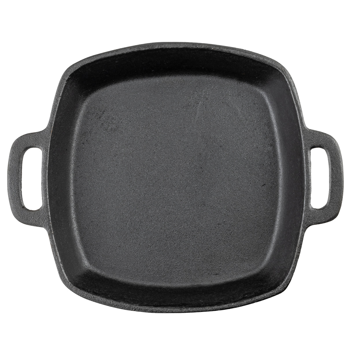 A black cast iron square skillet, induction ready, is seen from above with slightly rounded edges and two wide handles. The skillet’s textured, matte surface stands out against a plain white background.