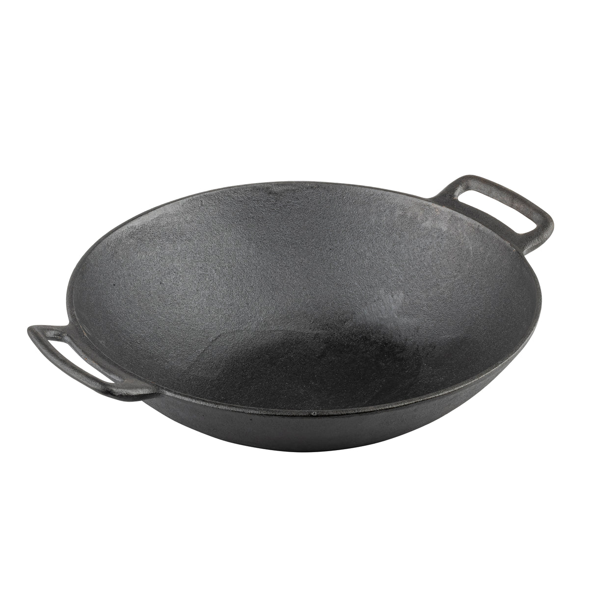 A black cast iron wok with a wide, round base and high, sloping sides. Induction ready, it features two short, sturdy handles for easy lifting. The wok sits on a plain white background.