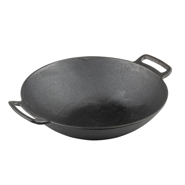 A black cast iron wok with a wide, round base and high, sloping sides. Induction ready, it features two short, sturdy handles for easy lifting. The wok sits on a plain white background.