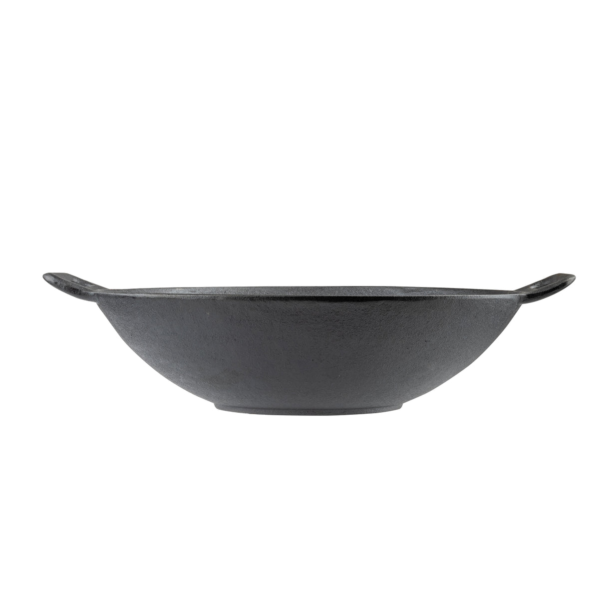 A black cast iron wok with a wide, round base and slightly flared sides. This induction ready wok features two short, curved handles and a matte, textured surface. The image is set against a plain white background.