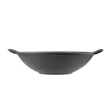 A black cast iron wok with a wide, round base and slightly flared sides. This induction ready wok features two short, curved handles and a matte, textured surface. The image is set against a plain white background.
