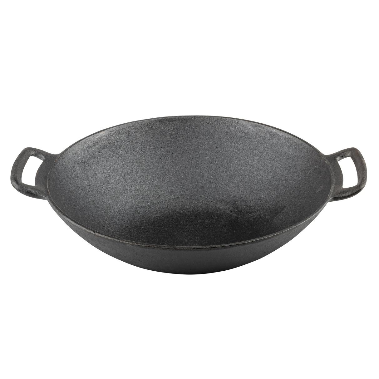 A black induction ready cast iron wok with a wide, round base and high sloping sides. It features two sturdy loop handles for easy gripping. The seasoned, slightly textured surface is empty and showcased on a white background.