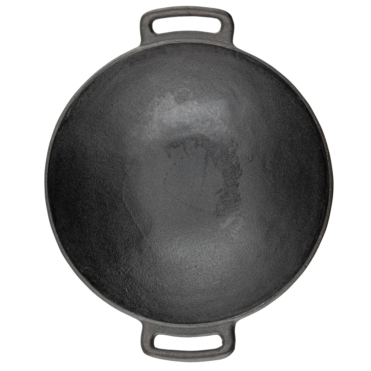 A round, black cast iron pan with a textured surface is seen from above. It features two sturdy handles with oval openings and appears well-seasoned. This induction ready pan rests on a white background.
