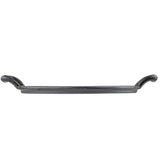 A black cast iron serving tray with two upward-curving handles on each side. The tray has a flat, rectangular base and a slightly textured, induction ready surface, photographed from the side against a white background.