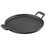 A round, flat, black cast iron griddle with a slightly raised edge and two loop handles on opposite sides. This induction ready pizza pan features a matte, textured surface typical of cast iron cookware and is set against a white background.