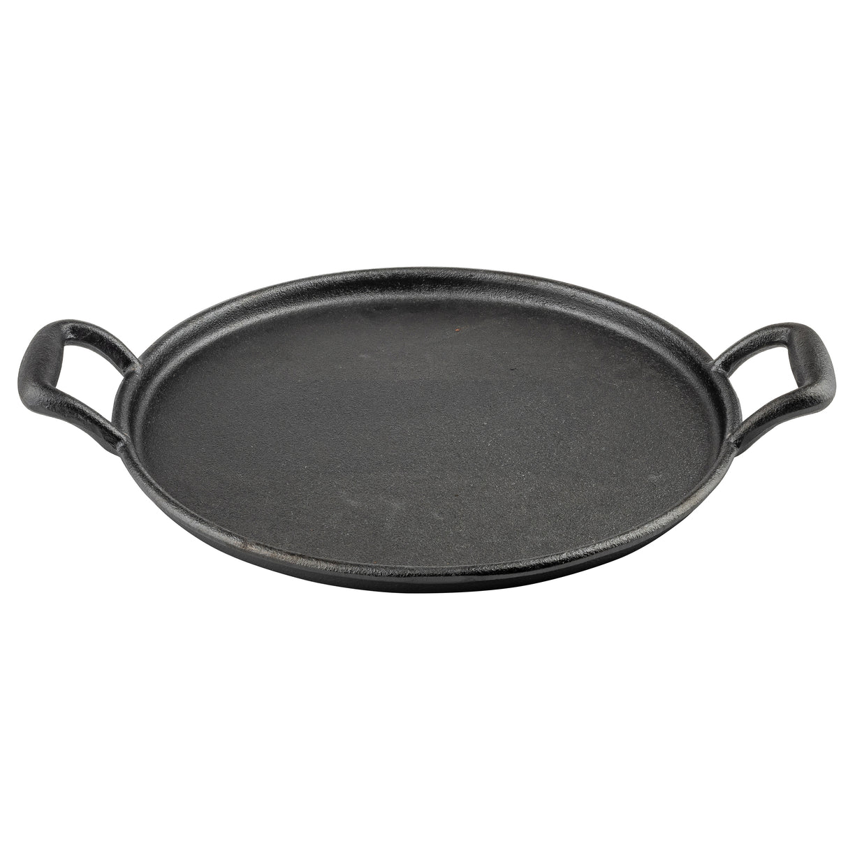 A round, black cast-iron pizza pan with a flat surface and slightly raised edges. It features two sturdy handles on opposite sides for easy lifting and is induction ready. The empty pan sits on a plain white background.