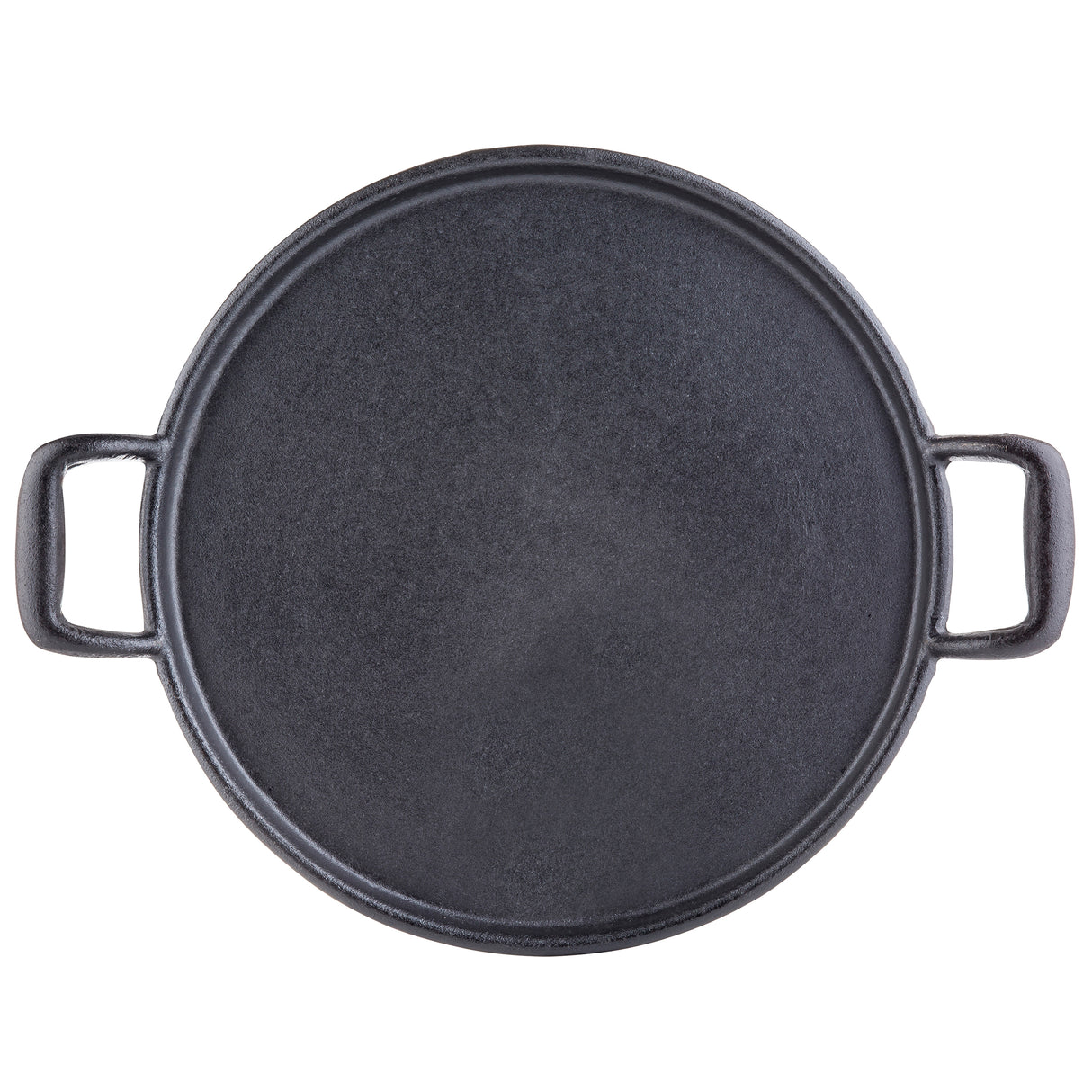 A round, black cast iron griddle with a slightly textured surface, viewed from above. It features two rectangular handles for easy lifting and is induction ready, making it perfect as a pizza pan for cooking or baking.