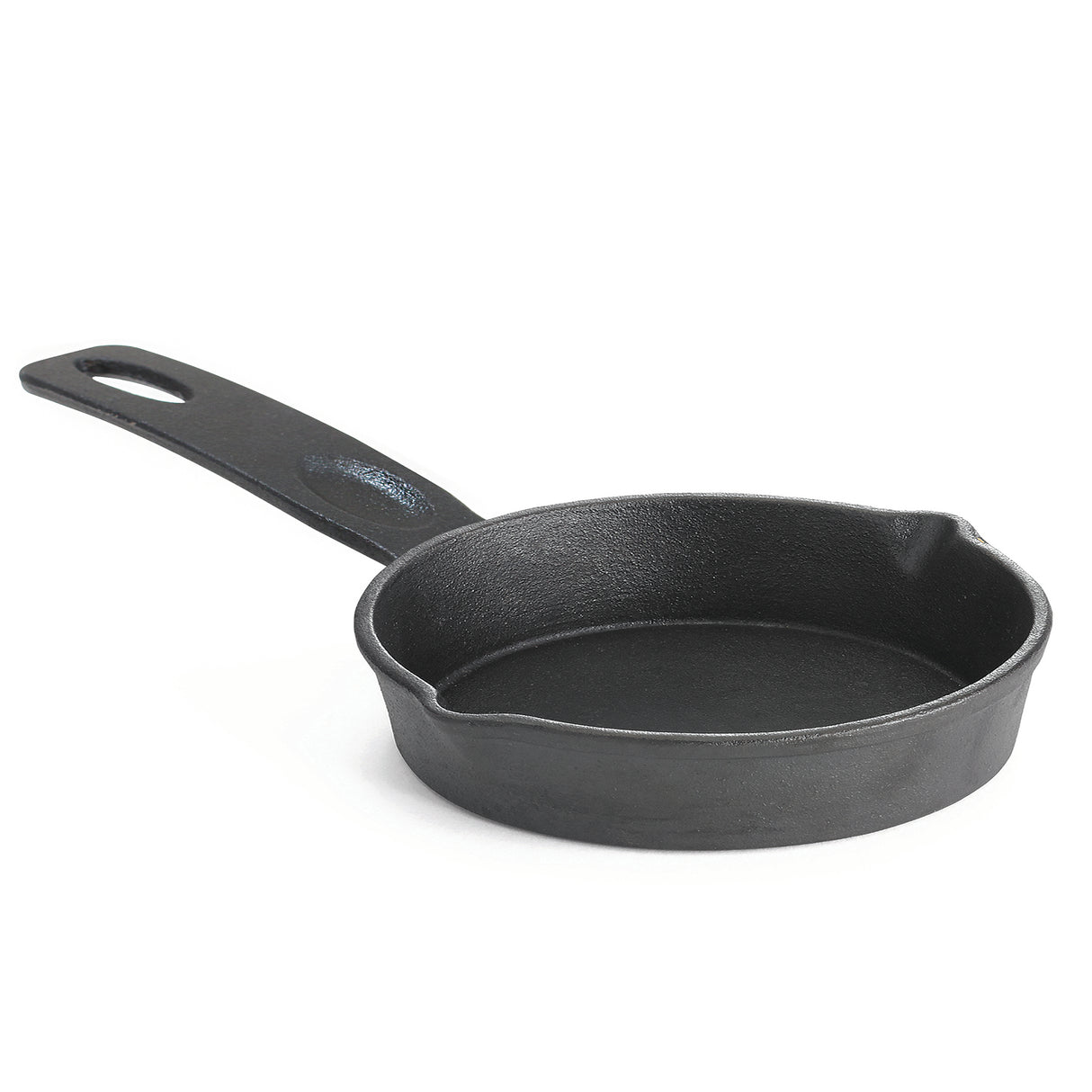 A TableCraft mini skillet made of black cast iron with a long handled hole. Featuring two spouts for easy pouring and a textured surface, this compact skillet is displayed on a white background.