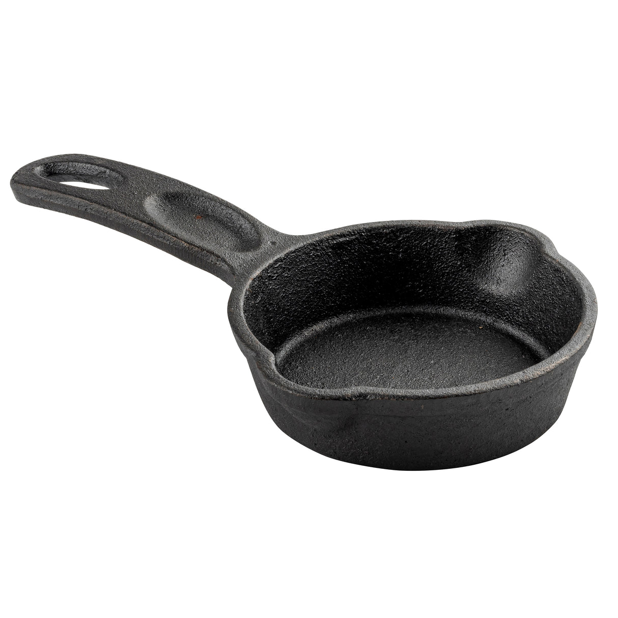 A small, round TableCraft Mini Skillet made of black cast iron with a textured surface, short sides, and a sturdy handle featuring a hole for hanging. Two small spouts on opposite sides allow easy pouring. The background is plain white.