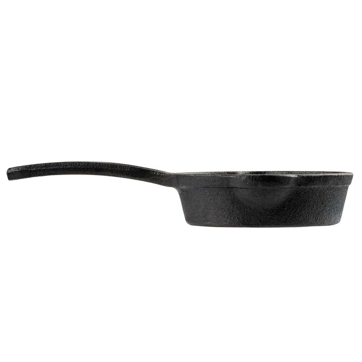 A TableCraft cast iron Mini Skillet is shown from the side on a white background. It features a long, flat handle extending to the left and a thick, deep base with slightly angled sides, giving it a sturdy and heavy appearance.