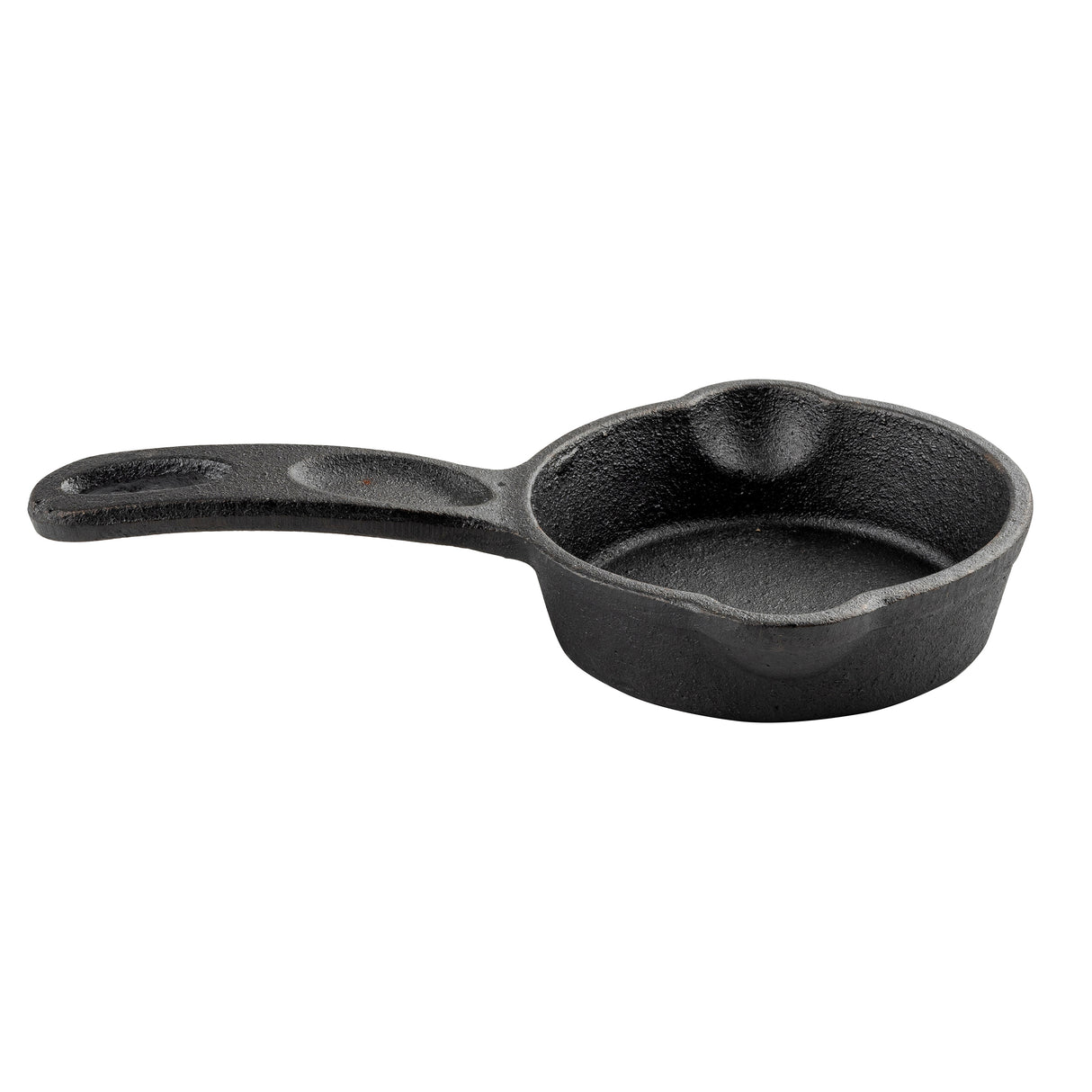 A small, black TableCraft Mini Skillet with a long handle, round shape, and two pouring spouts; its surface has the slightly rough, matte texture typical of cast iron cookware. The skillet is isolated on a white background.
