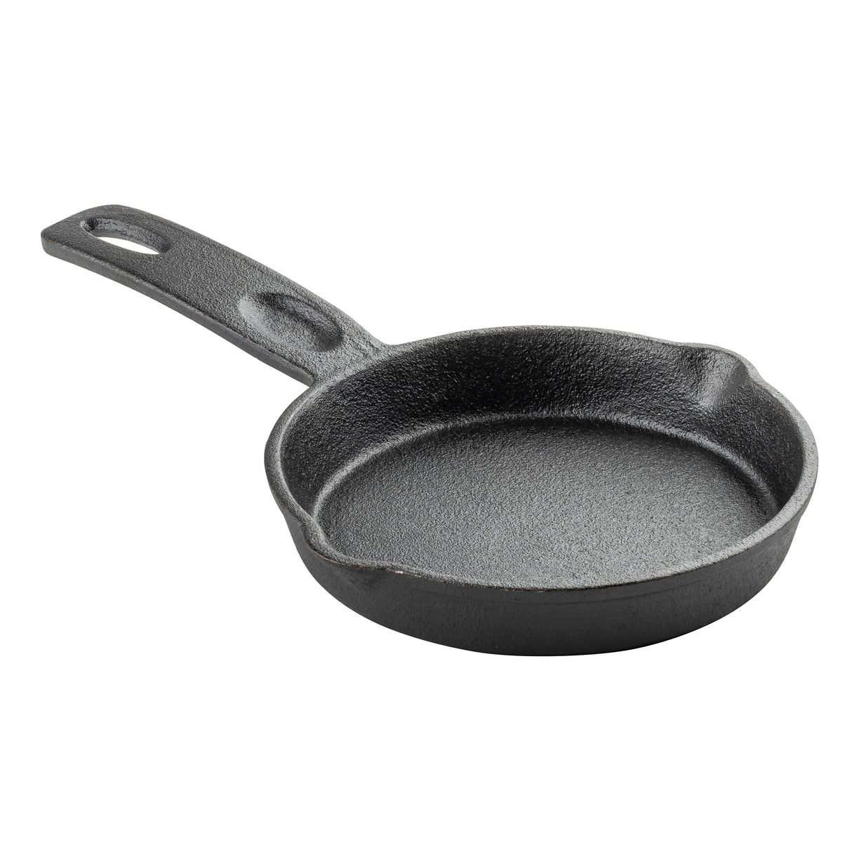A small, round TableCraft mini skillet made of black cast iron with a textured surface, a short handle featuring a hole for hanging, and two pour spouts on opposite sides. The skillet is empty and shown on a white background.