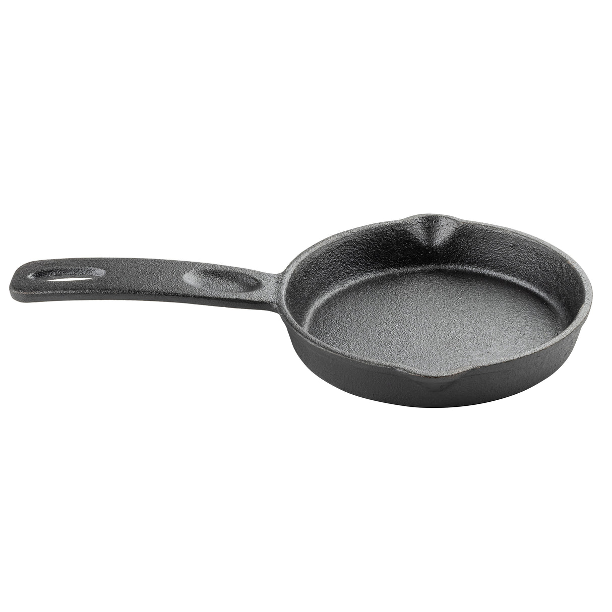 A small, round TableCraft mini skillet with a textured cast iron surface, a wide handle featuring a hole for hanging, and two pour spouts on opposite sides. The empty pan rests on a plain white background.