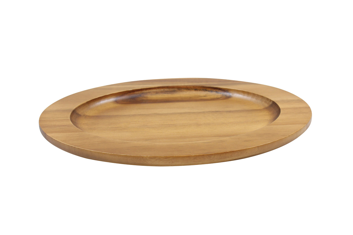 A round, shallow Acacia Underliner plate from TableCraft Products with a smooth finish and natural light brown wood grain, photographed against a plain white background.