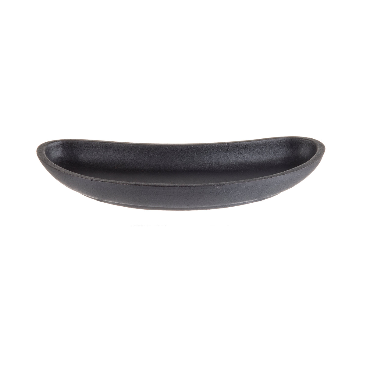 A matte black, oval-shaped ceramic server with slightly raised edges, viewed from the side against a white background. The dish has a smooth, minimalist design and a shallow profile, ideal for serving small items or appetizers.