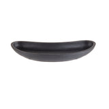A matte black, oval-shaped ceramic server with slightly raised edges, viewed from the side against a white background. The dish has a smooth, minimalist design and a shallow profile, ideal for serving small items or appetizers.
