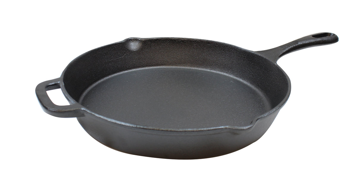 A black pre-seasoned cast iron skillet with a round shape, two pour spouts, a short helper handle, and a long handle with a hole for hanging sits on a white background.
