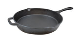 A black pre-seasoned cast iron skillet with a round shape, two pour spouts, a short helper handle, and a long handle with a hole for hanging sits on a white background.