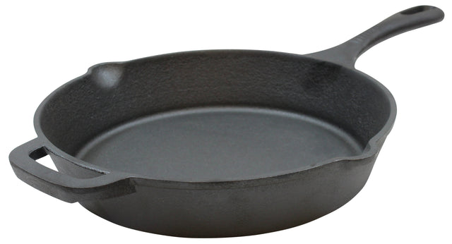 A black pre-seasoned cast iron skillet with a long handle and a small loop handle. The skillet features slightly sloped sides, a smooth interior, and pouring spouts on each side of the rim, all set against a white background.