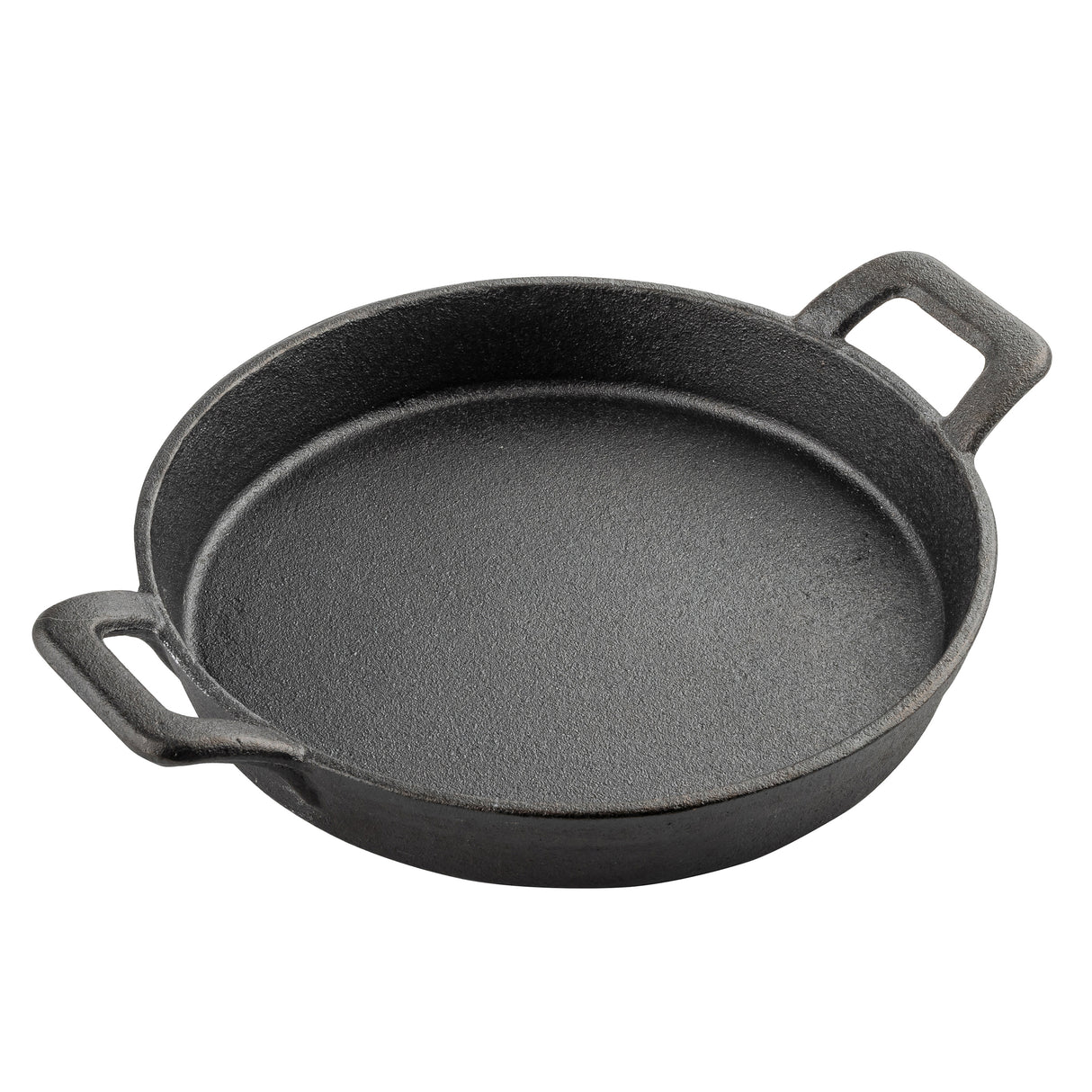 A round, black cast iron pan from TableCraft with two flat handles on opposite sides. The mini server features a textured surface and slightly sloped sides, and is empty and placed on a white background.