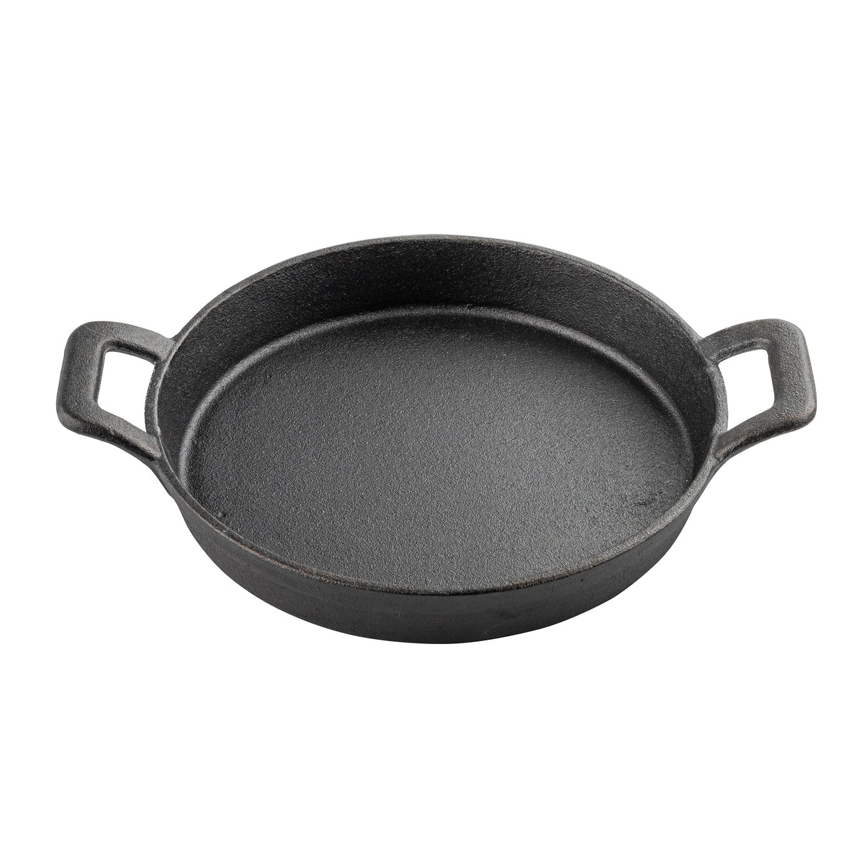 A round, black cast iron skillet with two rectangular handles on opposite sides. This TableCraft product features high sides and a textured, matte finish, making it perfect for serving dishes in style on a white background.